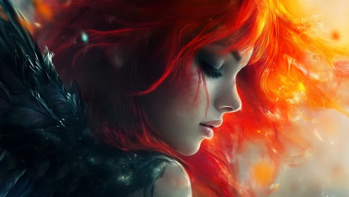 Fiery haired angelic profile immersed in ethereal glow.
