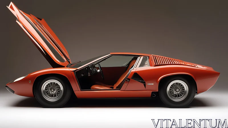 Side-profile studio rendering shows classic supercar with scissor door