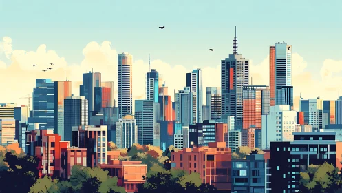 Urban skyline is rendered with stylized geometric high‑rises