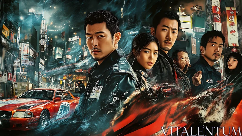 Neon storm racers prowl through midnight Tokyo streets.