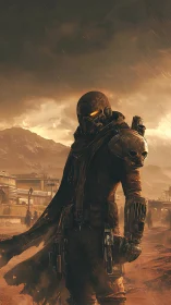 Armored figure stands in dusty industrial wasteland rain