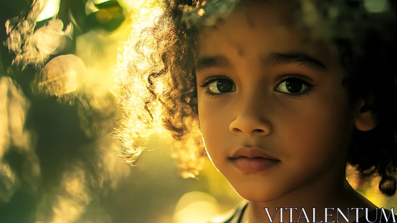 Young child in golden sunlight through leaves