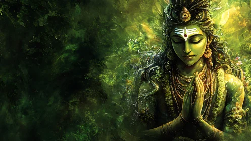 Serene green deity in prayer within abstract foliage field.