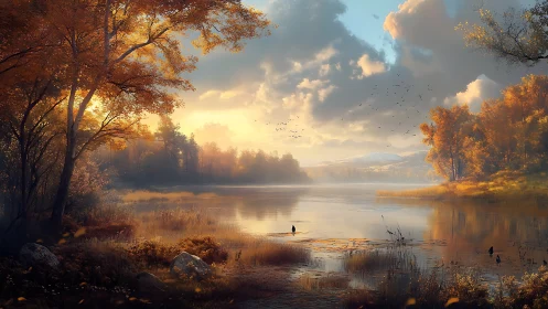 Autumn lake landscape with trees, distant hills and clouds.