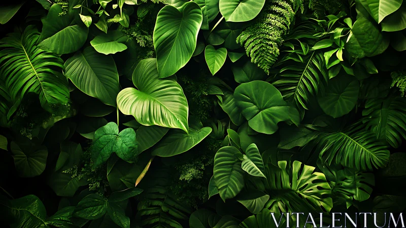 Dense tropical foliage background with layered green leaves.
