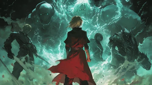 Young hero stands firm before swirling spectral warriors.