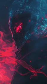 Flaming spectral figure glows with red eye in blue smoke