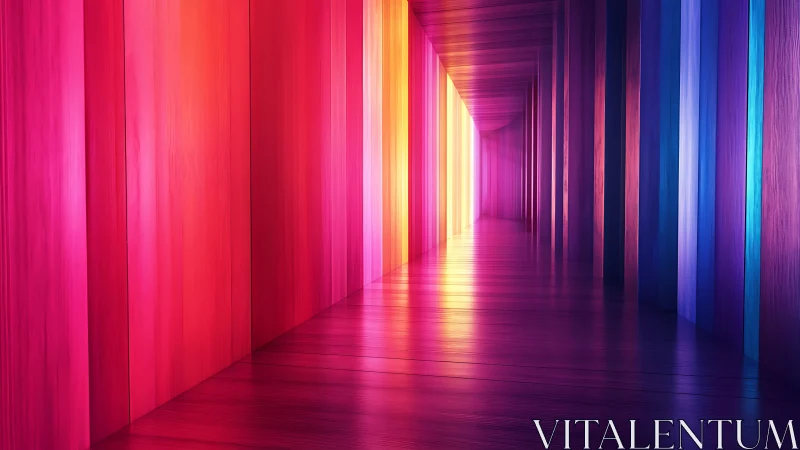 Chromatic corridor hums softly toward a luminous escape