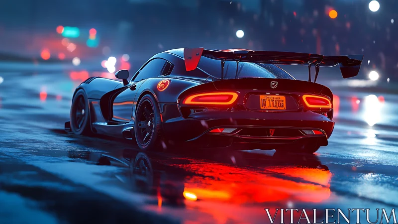 Rear view sports coupe on wet city street at night.