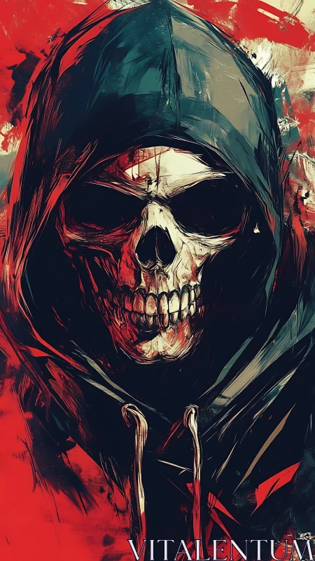 Hooded skull figure wrapped in bold red and shadowed tones.