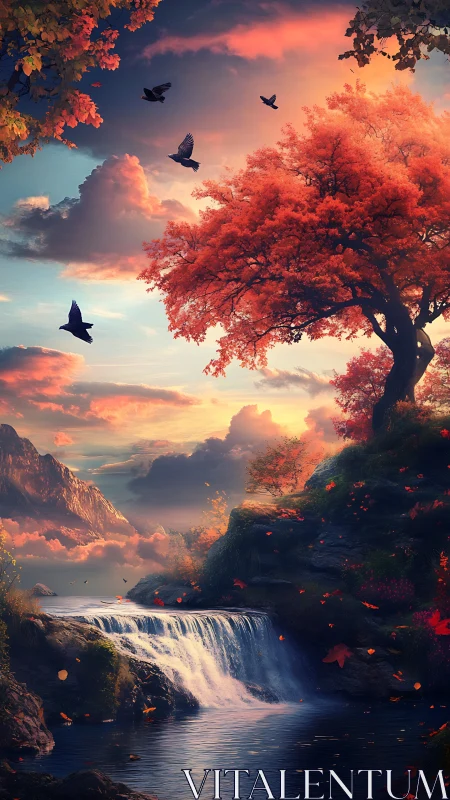 Crimson autumn tree over sunset waterfall valley panorama.