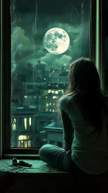 Girl watches oversized full moon through city window at night