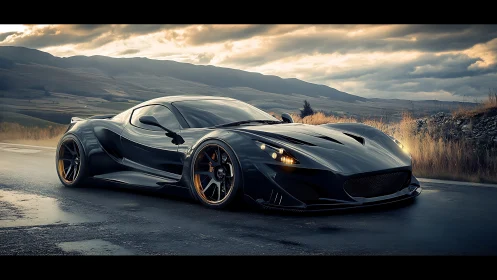 Carbon black hypercar slices through moody mountain pass.