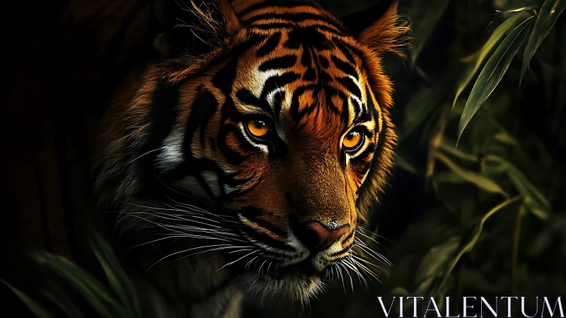 Tiger face emerging from dark jungle foliage at night.