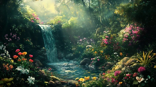 Sunlit waterfall garden where quiet color gently shimmers.