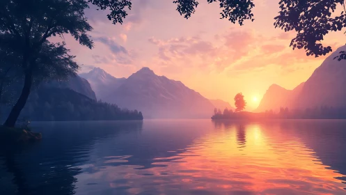 Digital painting of alpine lake sunset with reflected glow.