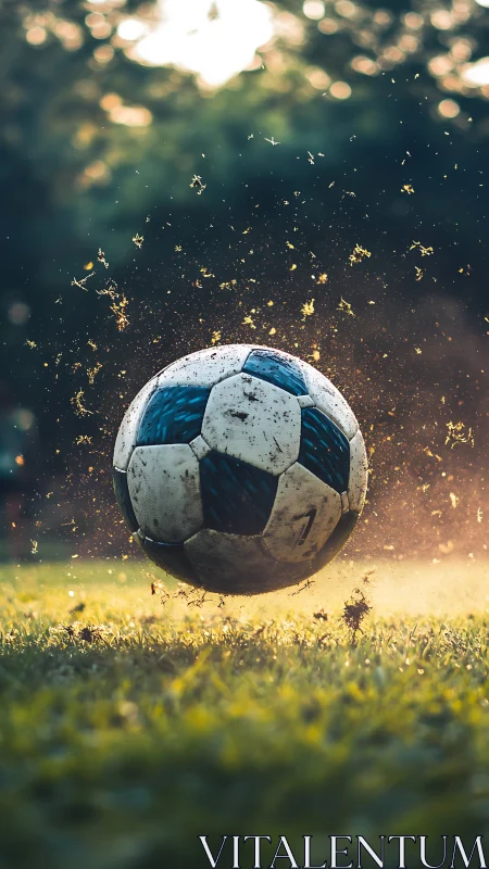 Photorealistic soccer ball in motion with shallow depth of field.