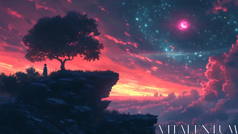 Silhouetted figure stands on cliff under tree at vivid sunset