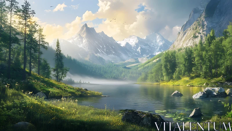 Sunlit alpine lake reflects distant snowcovered mountain peaks