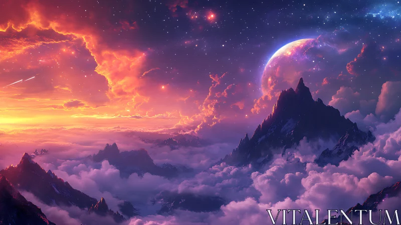 Celestial peaks rising through nebula-lit cosmic clouds.