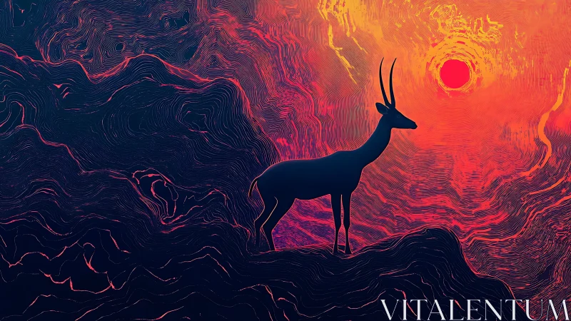 Silhouetted antelope stands against layered abstract sunset