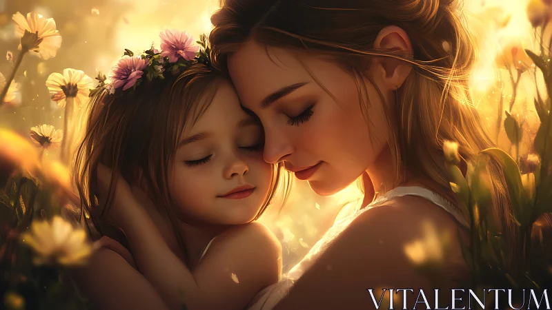 Woman and child in floral setting, backlit golden hour.