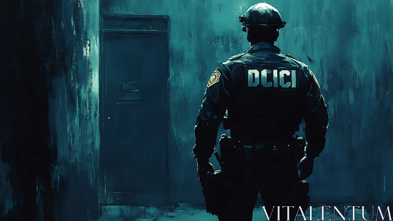 Tactical officer surveys sealed door in moody cyan corridor