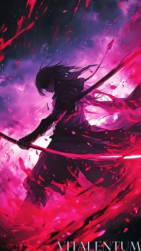 Bladewreathed dusk wanderer in storm of crimson embers.