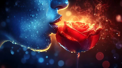 Ethereal Contrast: Water-Kissed Rose Suspended in Blue and Red Light