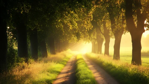 Rural dirt lane under tree canopy in low golden sunrise backlight