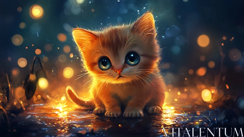 Luminous Kitten with Ethereal Fire Aura and Bokeh Atmosphere