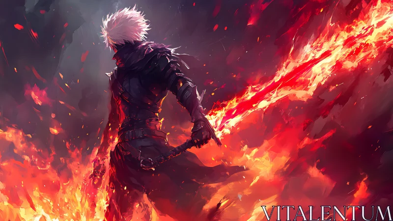 Flame warrior stands amid inferno with blazing energy sword.