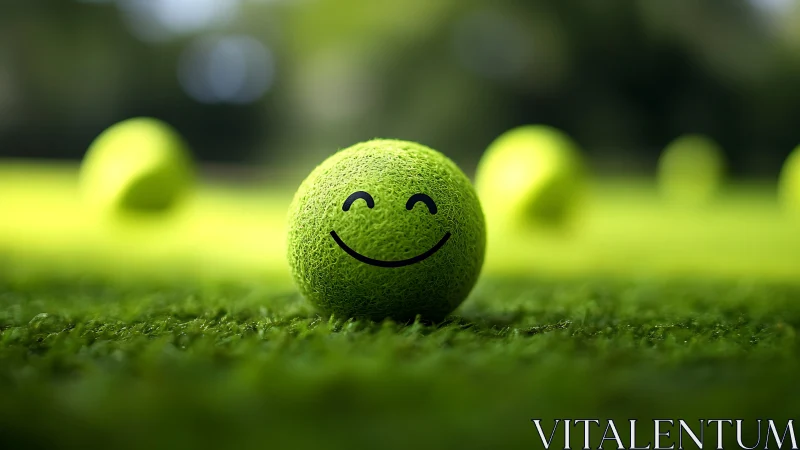 Smiling tennis ball on vivid turf with shallow depth of field.
