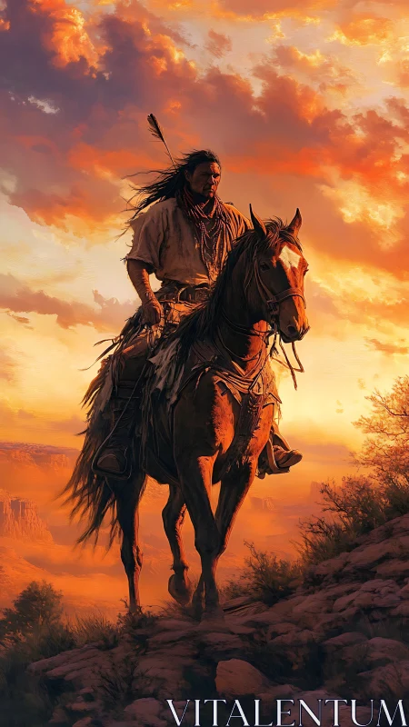 Warrior on horseback rides through blazing desert sunset.