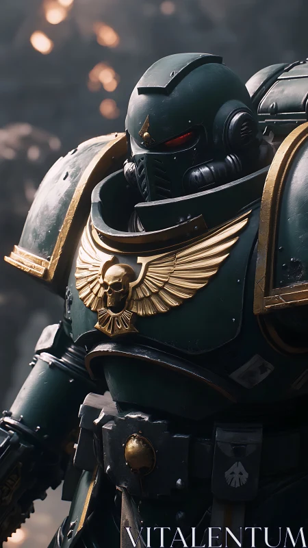 Grim emerald war-knight in gilt skullborne power armor.