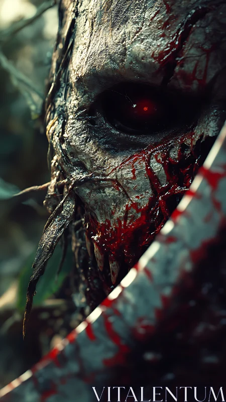 Haunting skeletal warrior gazes through bloodstained steel