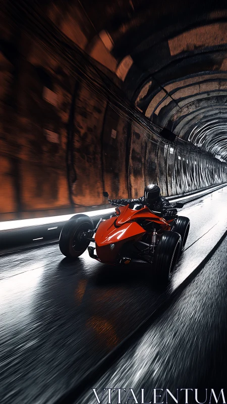 Red racing quad bike storms through wet urban tunnel.