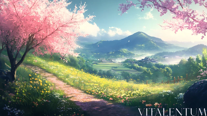 Cherry blossom path overlooking peaceful valley village.