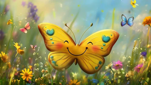 Smiling yellow butterfly drifts joyfully through a wildflower meadow.