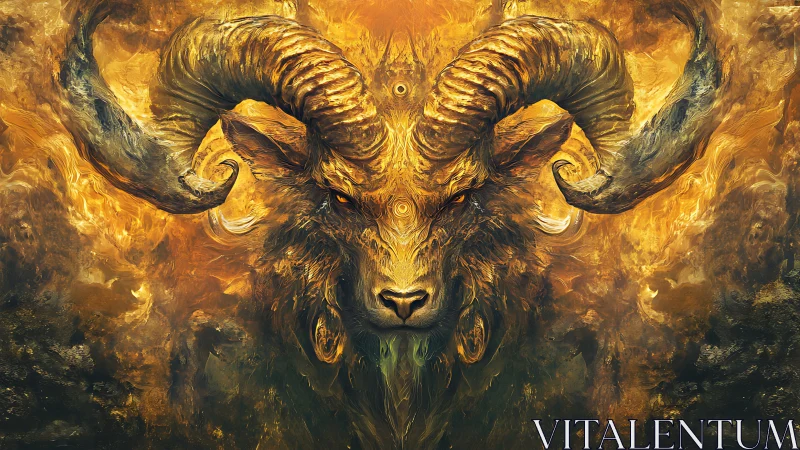 Horned ram head in symmetrical fiery abstract design.