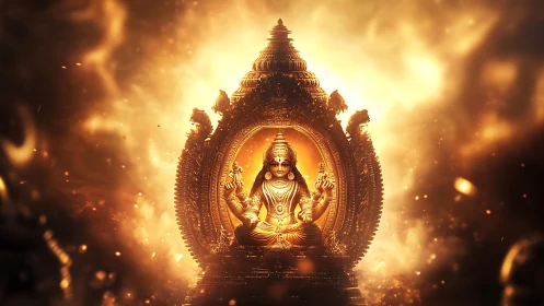 Radiant golden deity statue glowing in warm sacred light.