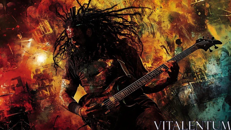 Dreadlocked metal guitarist in dynamic abstract color explosion