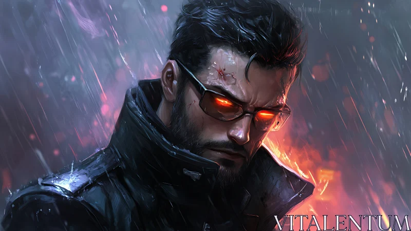 Cybernetic warrior glares through rain with burning red eyes