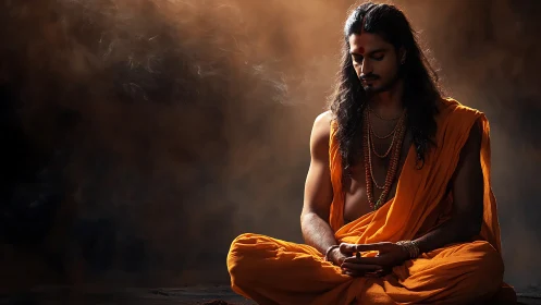 Meditating yogi in orange robes under dramatic warm backlight