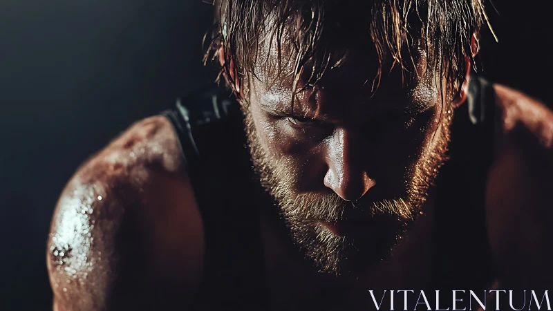 Low-key close-up of intense sweaty male athlete in shadow