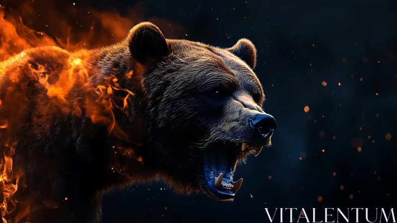 Photorealistic flaming bear profile with dramatic contrast lighting.