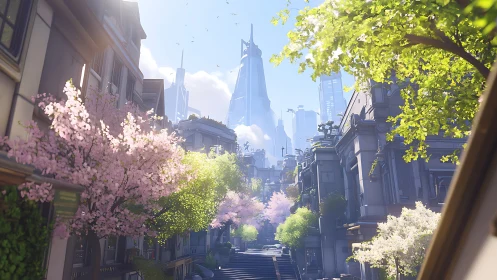 Urban avenue with blossom trees and distant towers.