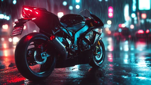 Sleek night motorcycle glows on rain soaked neon city street