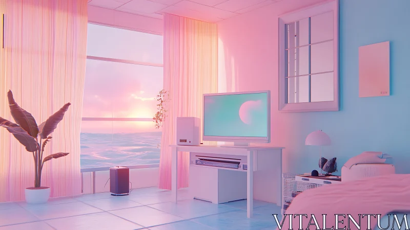 Sunlit pastel workspace overlooking calm ocean horizon.