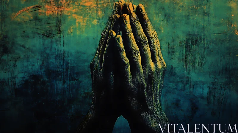 Digital painting of clasped hands on textured teal ground.